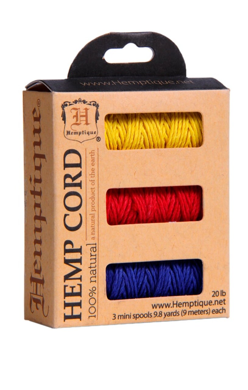 Hemptique 1mm #20 Hemp Cord 3-Pack Mini Spools Eco Friendly Sustainable Naturally Grown Jewelry Bracelet Making Paper Crafting Scrapbooking Bookbinding Mixed Media Crocheting Macrame Seasonal Holiday Gift Wrapping Outdoor Gardening
